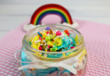 Our Unicorn Whipped Soap Looks Good Enough to Eat A glass jar containing unicorn whipped soap in blue, green, yellow, and pink