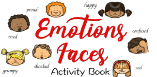 Teach Your Child Emotional Intelligence + “Emotions On Faces” Activity Book Seven cartoon faces, each with a different emotional expression and the name of the emotion written underneath